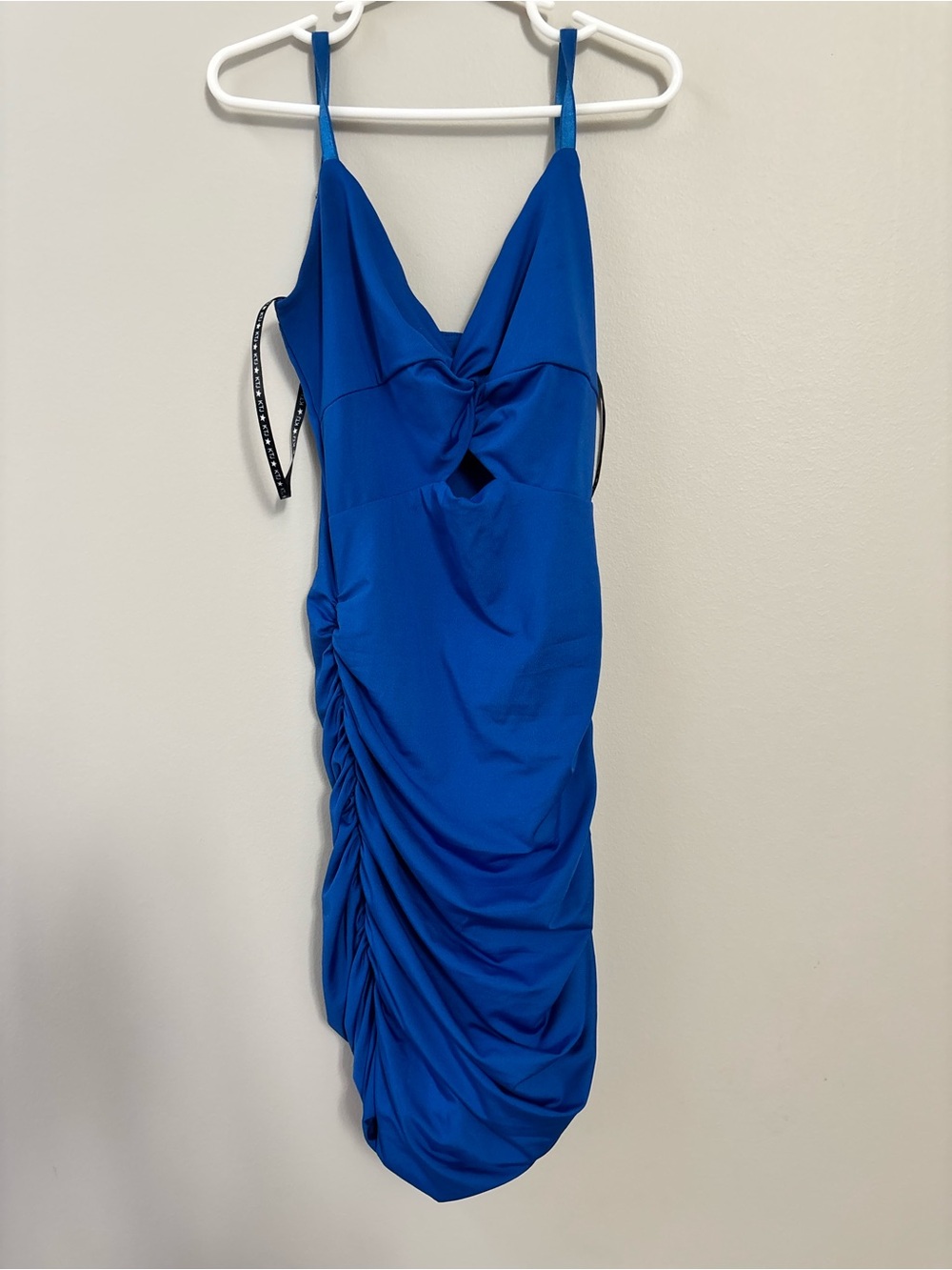Katie J NYC Cobalt Blue Twist-Front Ruched Midi Dress